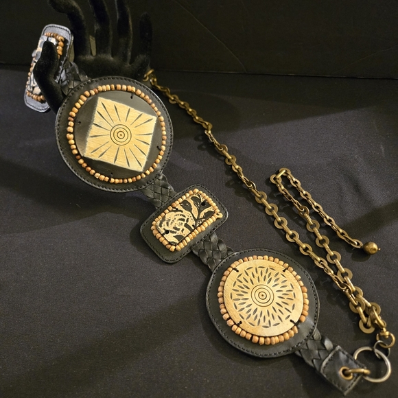 Vintage Black and Tan Chico's Geometric Belt M/L Boho Witchycore Goth Western - Picture 2 of 11